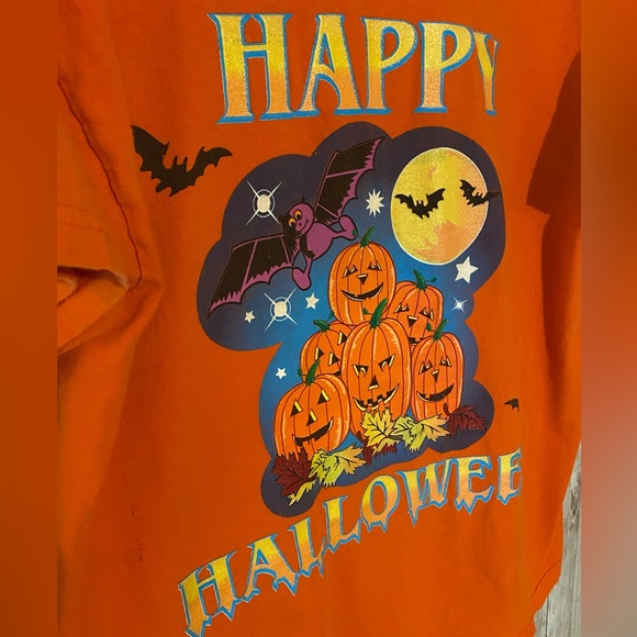 Vintage Halloween Tee by Time 2 Celebrate size large, orange pumpkins bats moon - Picture 2 of 6